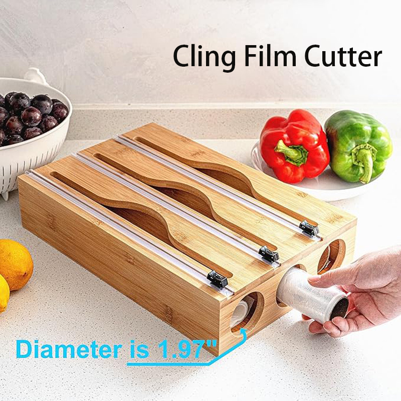 Commercial Kitchen Utensil Organizer - 3-in-1 Bambus-Frischhaltefolien-Schneidebox, wandmontierter Aufbewahrungsbeutel-Organizer, Haushaltsküchen-Verpackungsverteiler, Schneidebox