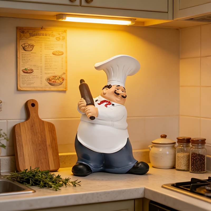 Commercial Kitchen Tables - Mustache Chef-Chef Harzfigur mit wehender Nudelholzrolle,