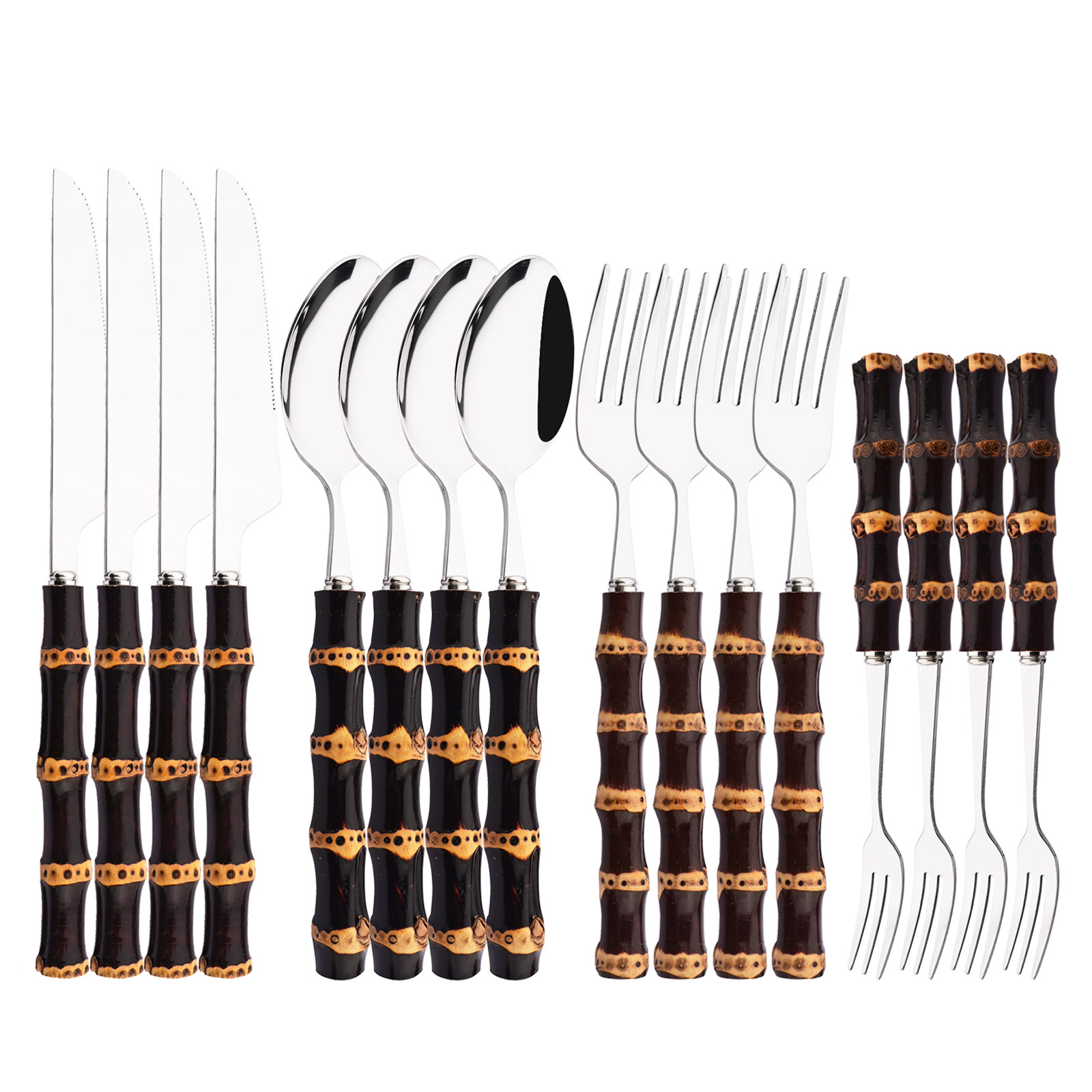Commercial Kitchen Knives - 16-teiliges Bambus-Besteckset Edelstahl-Besteck mit Natürlichen Bambusgriffen